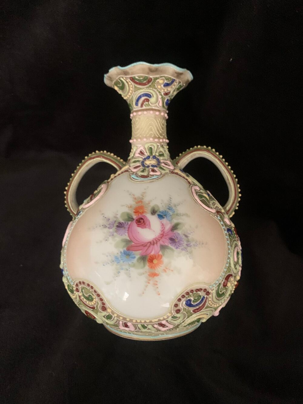 Vintage antique Moriage Nippon vase Handpainted beaded roses
